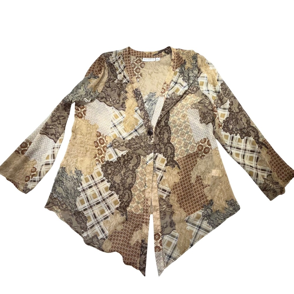 Patchwork Print Handkerchief Hem Button Front Cardigan Brown Boho Earthy‎ Large